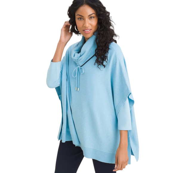 Chico's Cotton Cashmere Cinch Cowl Poncho Pullover Size S/M Blue Black - Picture 5 of 10